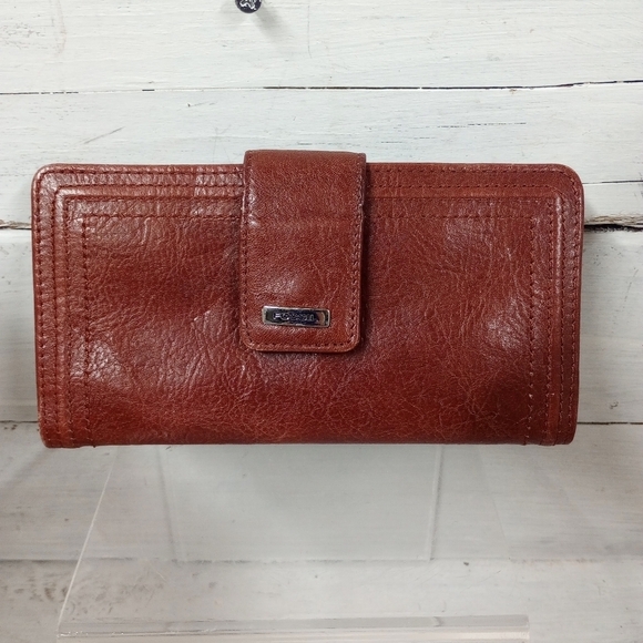 Vintage FOSSIL Full Zip Clutch Women’s Leather Wallet Brown Credit Card Holder - Picture 1 of 10